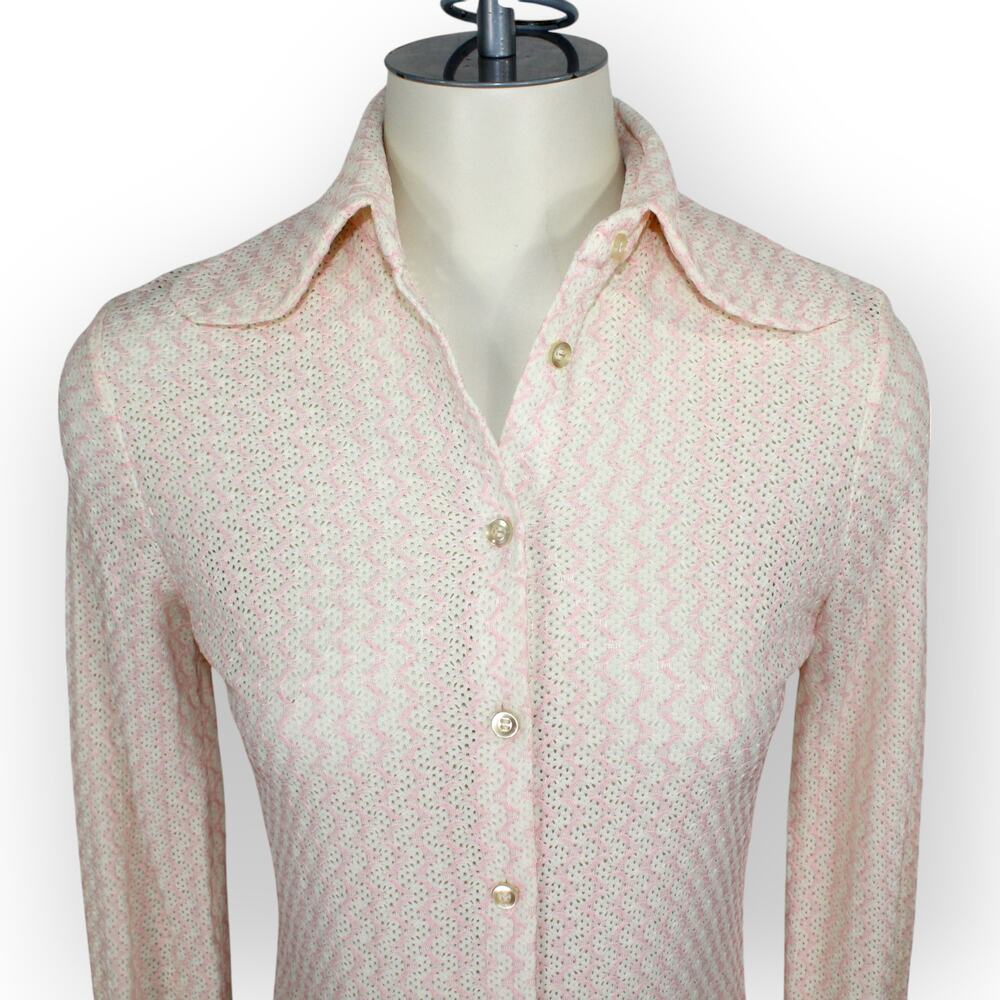 XS Vintage Montaldos Blouse Cream~Pink Knit Mesh DogEar PlatterCollar 70s